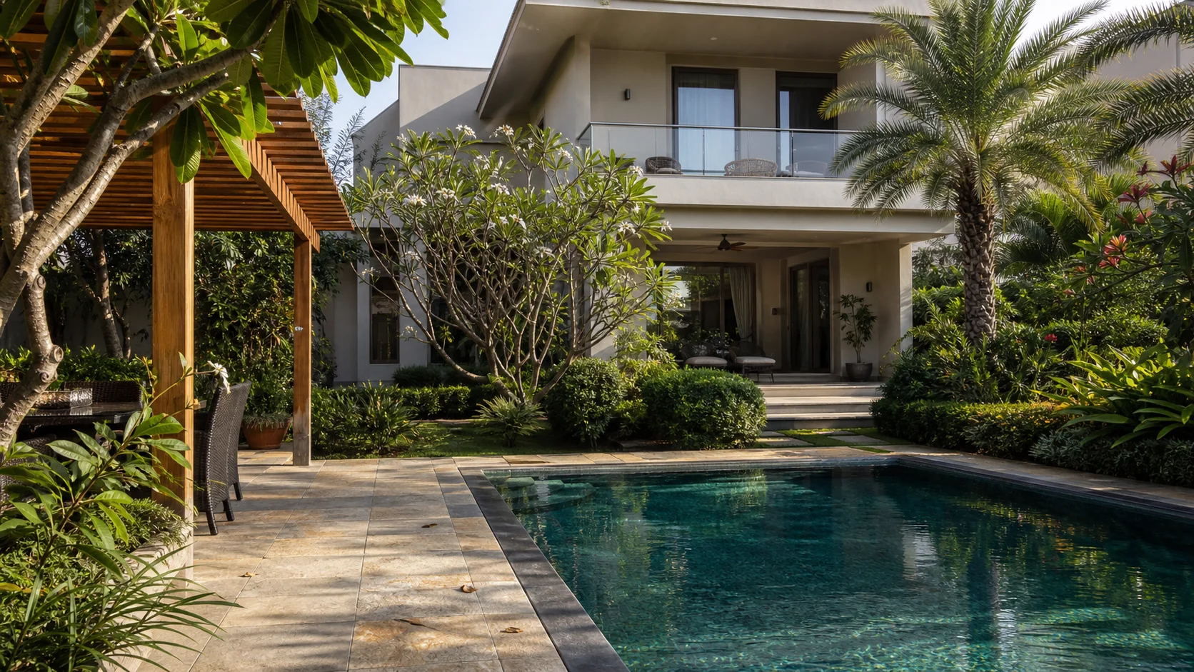 Private garden and pool setting at a luxury villa