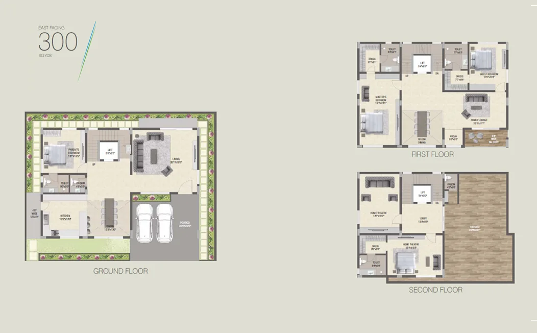 Nature's Edge 300 sq. yd. villa floor plan across ground, first, and second floors