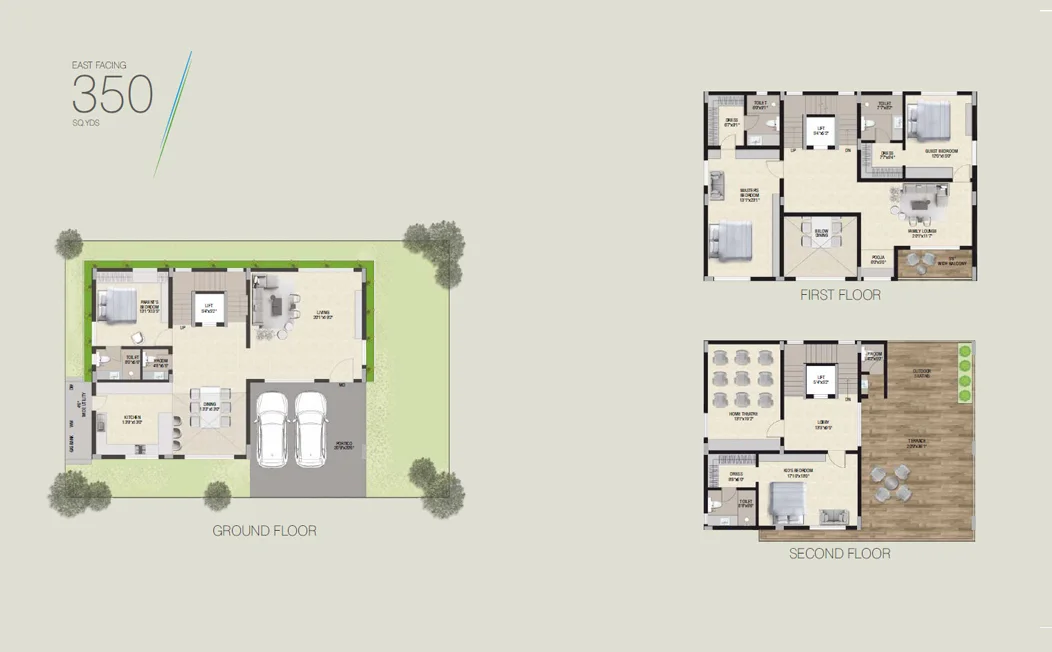 Nature's Edge 350 sq. yd. villa floor plan across ground, first, and second floors