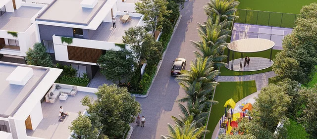 Aerial view of the villa avenue and children's play area