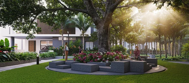 Landscaped seating court within the villa community
